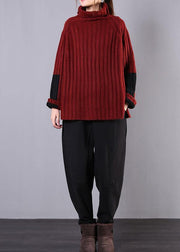 Winter red knitwear casual high neck baggy sweater tops - bagstylebliss