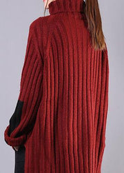 Winter red knitwear casual high neck baggy sweater tops - bagstylebliss