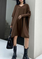 Winter v neck Batwing Sleeve Sweater weather Women chocolate Largo knitted dress - bagstylebliss