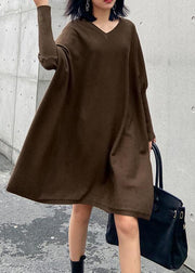 Winter v neck Batwing Sleeve Sweater weather Women chocolate Largo knitted dress - bagstylebliss