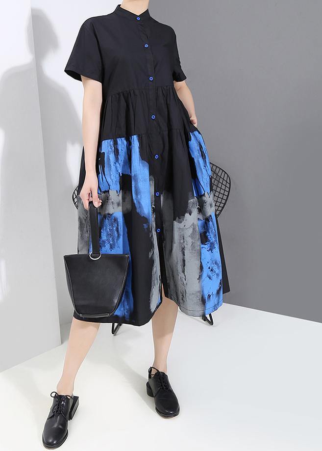 Woman Summer Black Vintage Shirt Lady Casual Midi Dress - bagstylebliss