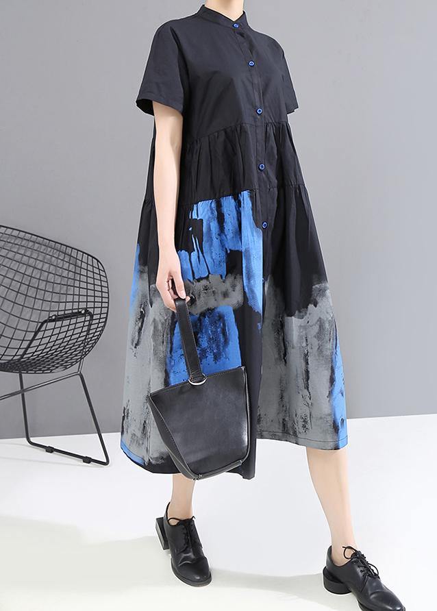 Woman Summer Black Vintage Shirt Lady Casual Midi Dress - bagstylebliss