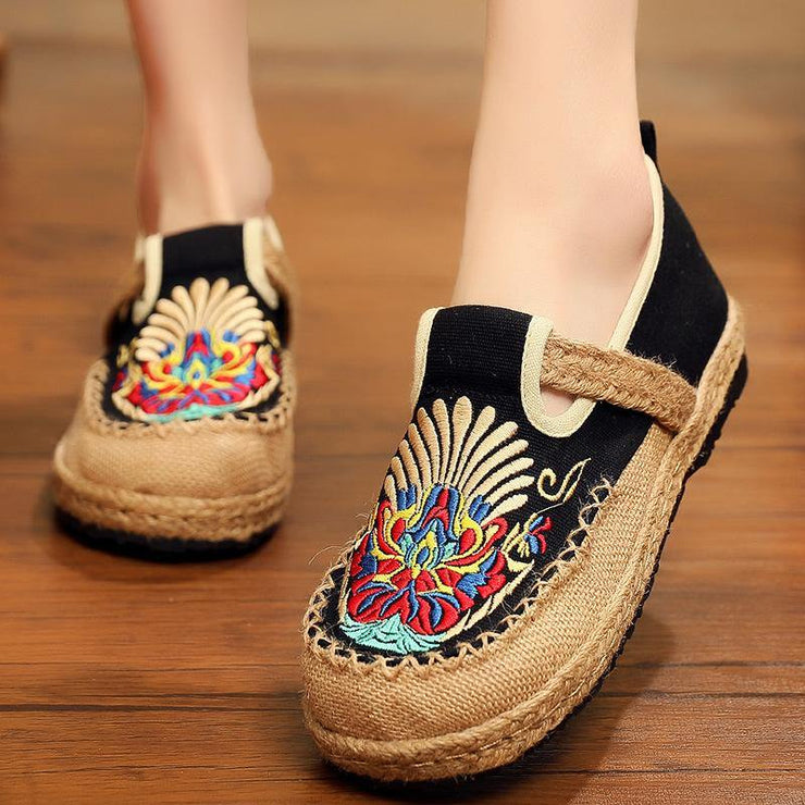 Women  Flats Black Embroideried Cotton Fabric Flats Shoes - bagstylebliss