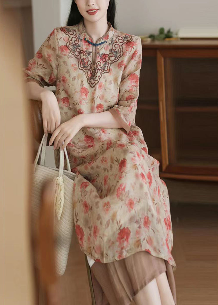 Women Apricot Embroidered Print Patchwork Linen Dresses Half Sleeve