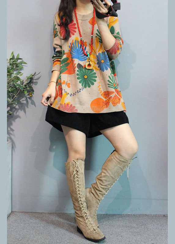 Women Apricot O-Neck Print Casual Fall Knit Cardigans