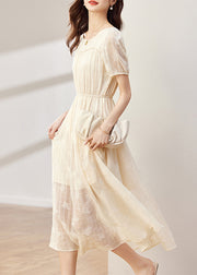 Women Apricot O-Neck Wrinkled Patchwork Chiffon Dress Summer