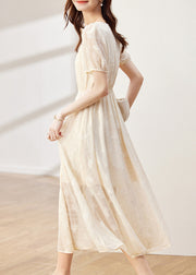 Women Apricot O-Neck Wrinkled Patchwork Chiffon Dress Summer