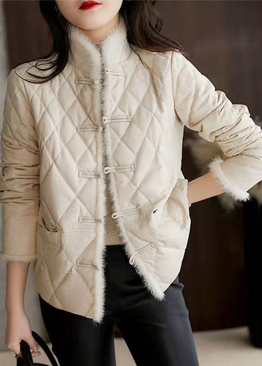 Women Apricot Pockets Chinese Button Patchwork Cotton Filled Jackets Winter