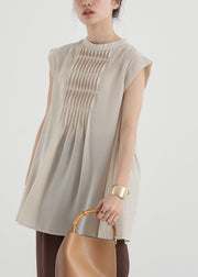 Women Apricot Slim Fit Pleated Cotton Long Shirt Sleeveless