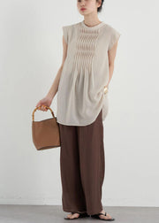 Women Apricot Slim Fit Pleated Cotton Long Shirt Sleeveless