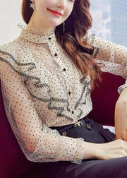 Women Apricot Stand Collar Ruffles Button Dot Chiffon Shirt Spring