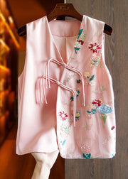 Damen Aprikose V-Ausschnitt Bestickte Blumenknopf Patchwork Tüll Weste Ärmellos