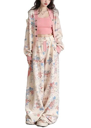 Women Apricot V Neck Print Coats Vest And Wide Leg Pants Three Pieces Set Long Sleeve