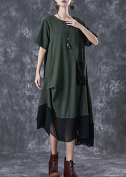 Women Army Green Cinched Patchwork Chiffon Maxi Dresses Summer