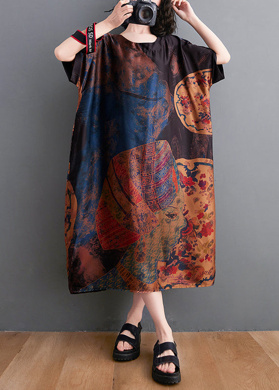 Women Baggy O-Neck Print Chiffon Dresses Short Sleeve