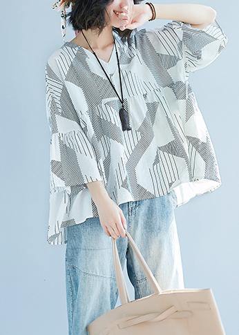 Women Batwing Sleeve v neck cotton Shirts Pakistani Shape white striped baggy shirts Summer - bagstylebliss