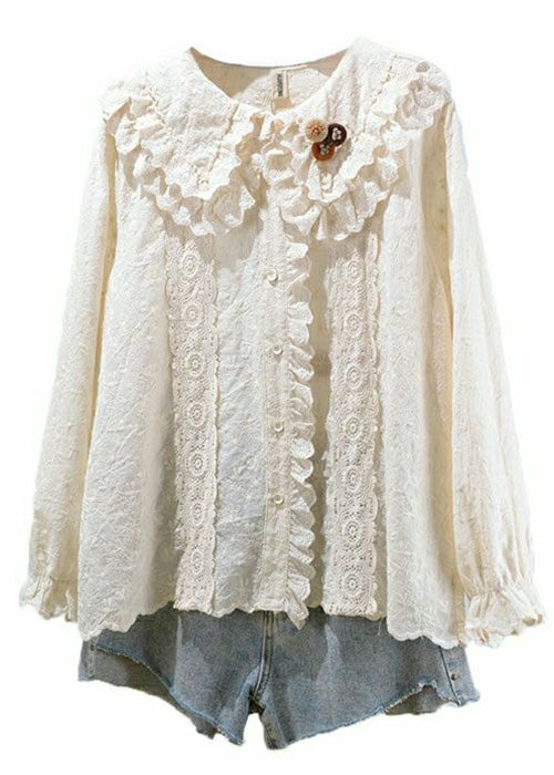 Women Beige Embroideried Button Cotton Blouses Long Sleeve