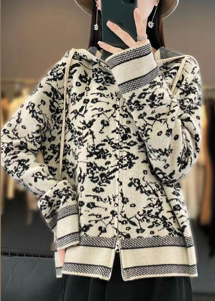 Women Beige Hooded Zippered Print Wool Knit Coat Long Sleeve