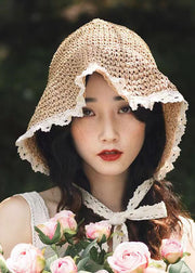 Women Beige Lace Patchwork Knit Blended Hollow Out Bucket Hat