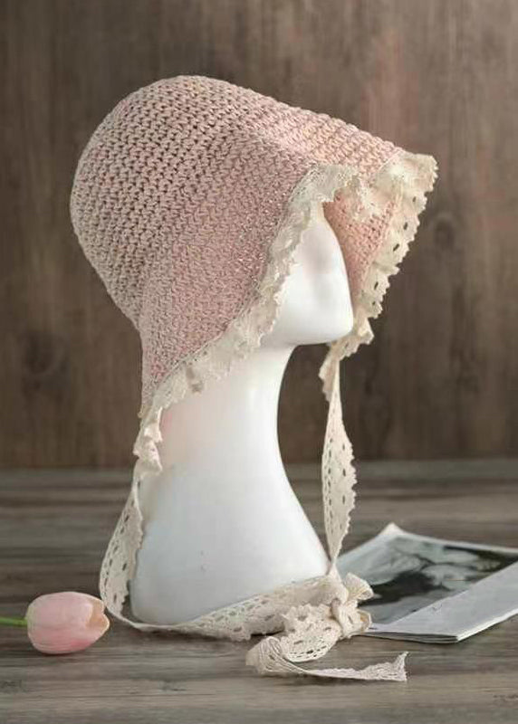 Women Beige Lace Patchwork Knit Blended Hollow Out Bucket Hat