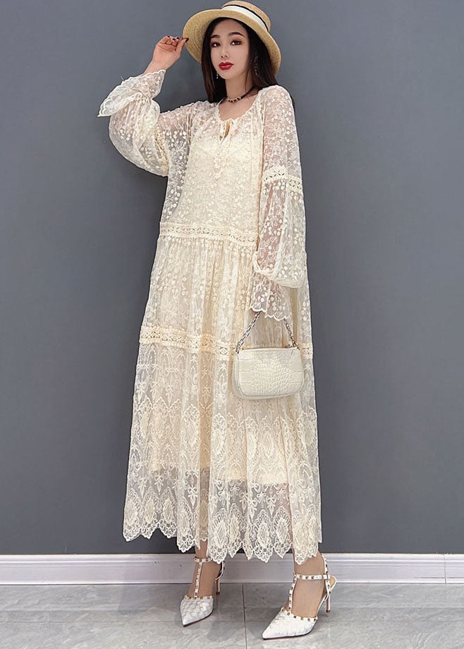 Women Beige O-Neck Hollow Out Lace Holiday Dress Long Sleeve