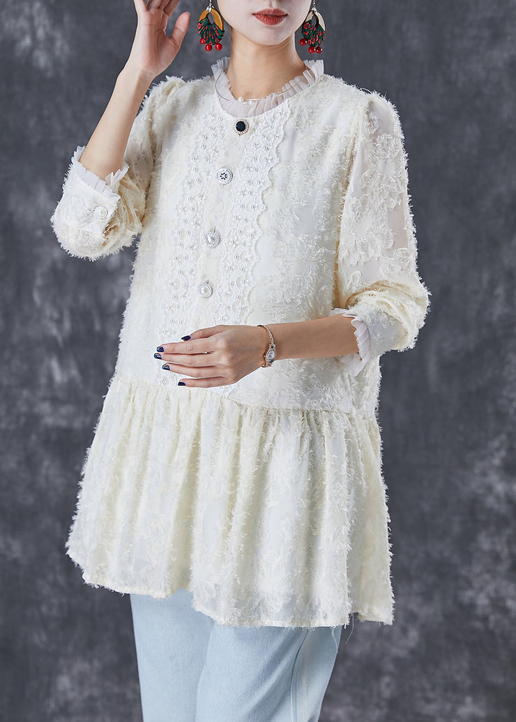 Women Beige Silm Fit Patchwork Lace Cotton Blouses Fall