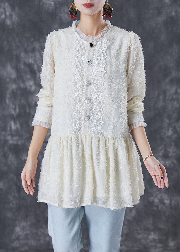 Women Beige Silm Fit Patchwork Lace Cotton Blouses Fall