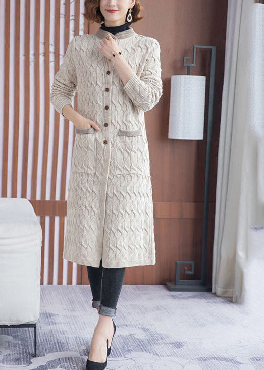 Women Beige Stand Collar Pockets Knit Long Cardigans Winter