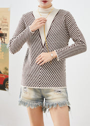 Women Beige Turtle Neck Striped Silm Fit Knit Sweater Winter