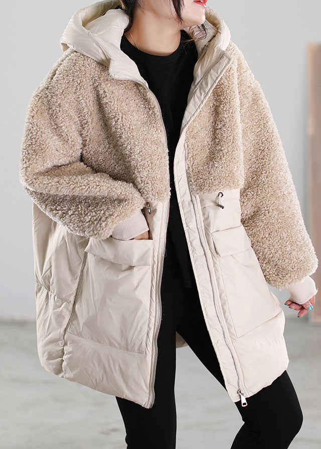 Women Beige Zip Up Patchwork Faux Fur down coat Winter