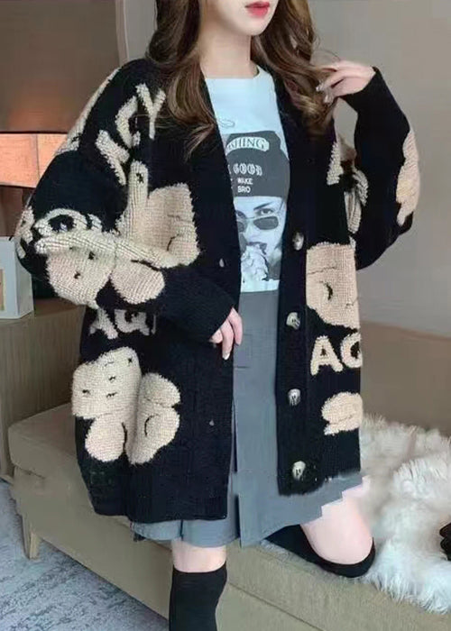 Women Black Animal Letter Button Cotton Knit Coat Long Sleeve