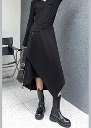 Women Black Asymmetrical Button Cotton Skirt - bagstylebliss
