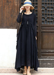 Women Black Asymmetrical Design Cotton Loose Dress Long Sleeve