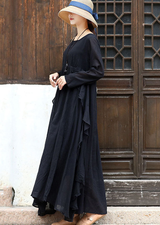 Women Black Asymmetrical Design Cotton Loose Dress Long Sleeve