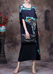 Women Black Asymmetrical Design Print Chiffon Dress Batwing Sleeve