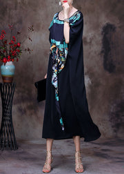 Women Black Asymmetrical Design Print Chiffon Dress Batwing Sleeve