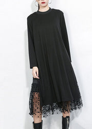 Women Black Asymmetrical Tulle Patchwork Cotton Maxi Dresses Spring