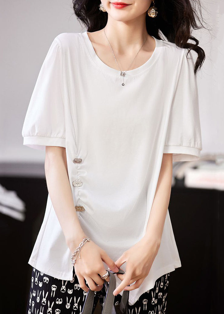 Women Black Asymmetrical Wrinkled Patchwork Cotton T Shirt Summer