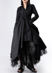 Women Black Asymmetrical tie waist Long Dresses Long Sleeve