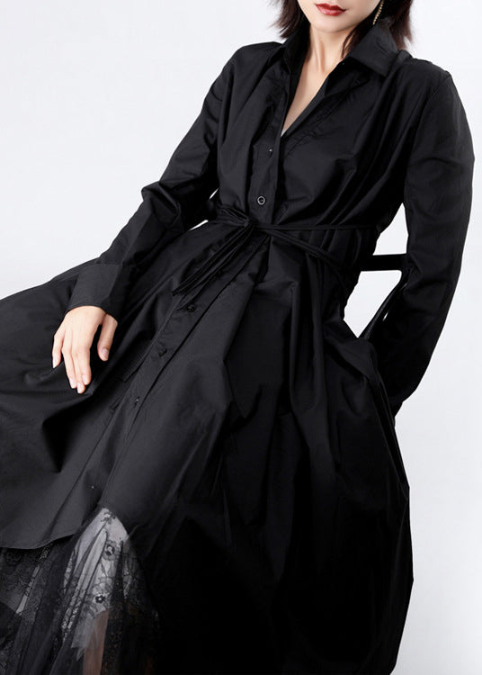 Women Black Asymmetrical tie waist Long Dresses Long Sleeve