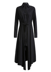 Women Black Asymmetrical tie waist Long Dresses Long Sleeve