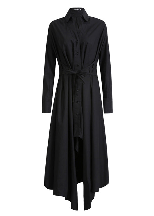 Women Black Asymmetrical tie waist Long Dresses Long Sleeve