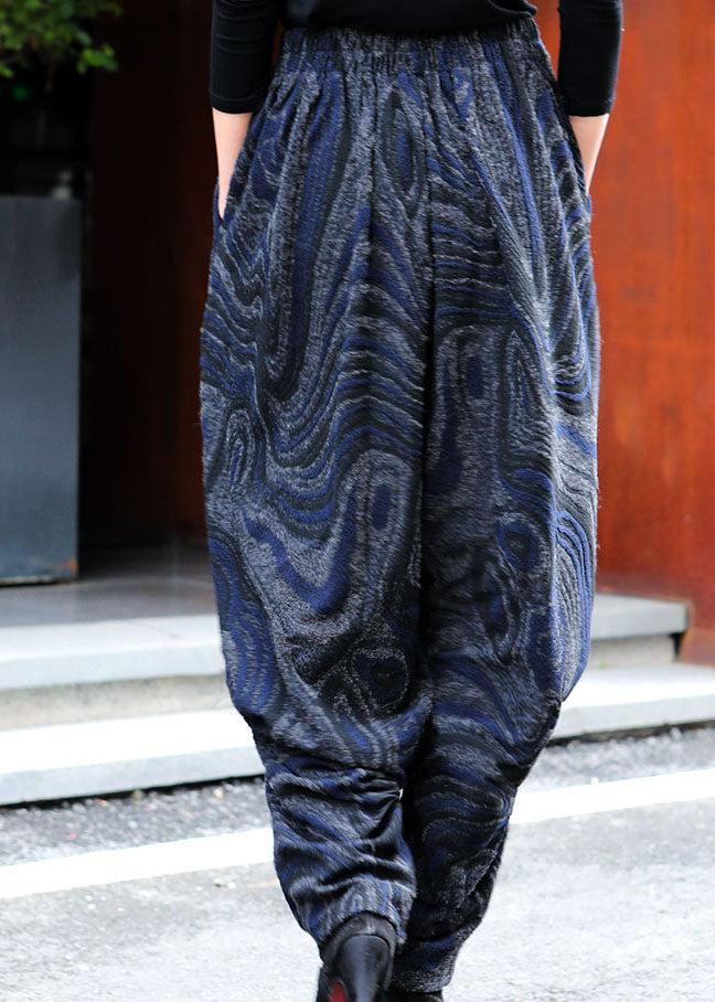 Women Black Blue Pockets Jacquard lantern Spring Pants