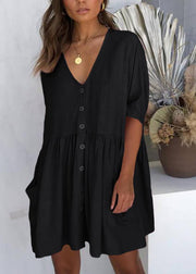 Women Black Button Cotton Pockets Summer Vacation Dresses - bagstylebliss