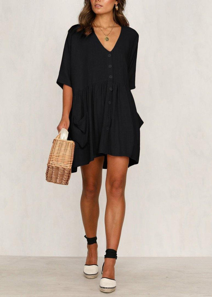 Women Black Button Cotton Pockets Summer Vacation Dresses - bagstylebliss