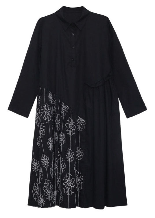 Women Black Button Patchwork Ruffled Fall Dress Long sleeve