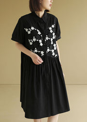 Women Black Button Peter Pan Collar Embroideried Cotton Shirt Pleated Dress Short Sleeve