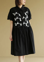 Women Black Button Peter Pan Collar Embroideried Cotton Shirt Pleated Dress Short Sleeve