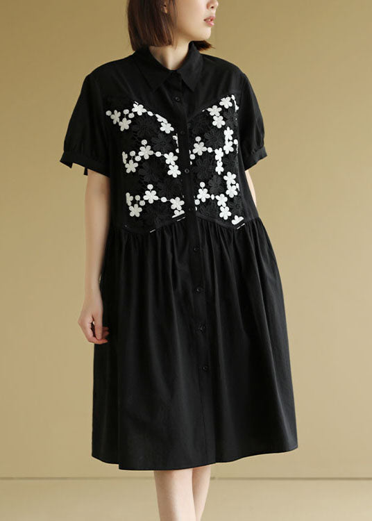 Women Black Button Peter Pan Collar Embroideried Cotton Shirt Pleated Dress Short Sleeve