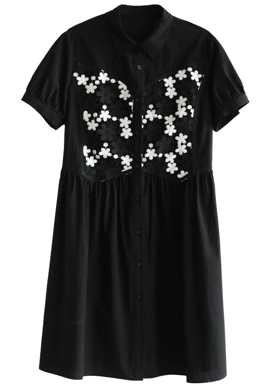 Women Black Button Peter Pan Collar Embroideried Cotton Shirt Pleated Dress Short Sleeve